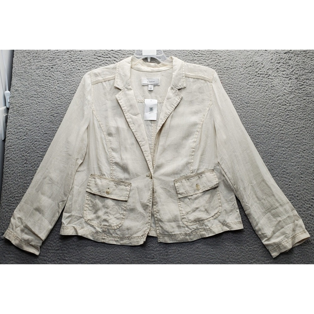 Caslon Blazer Jacket Womens 1X Tan Linen Utility Pockets Single One Button